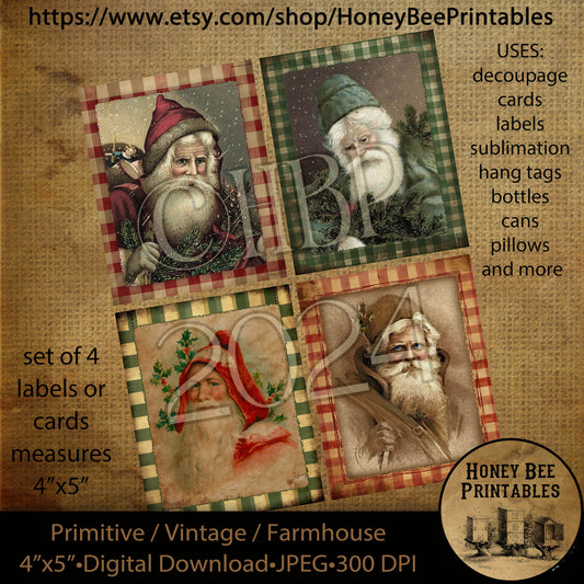 Vintage Primitive Instant Download Printable Decoupage, Christmas, Old World Santa, Father Christmas, Set /4 cards, labels, tags, ornaments