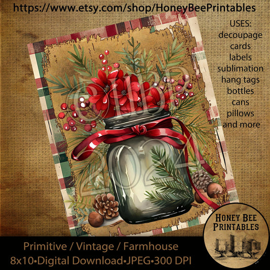 Vintage Primitive Instant Download Printable Decoupage, Vintage Christmas, Christmas in a Jar, Pine Cones, Berries, Old Fashioned, 2