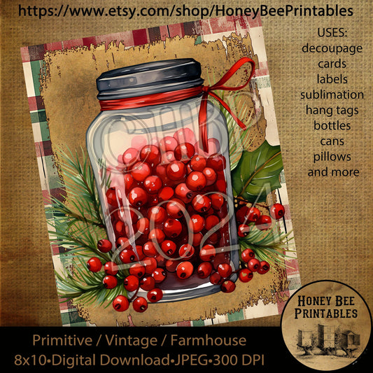 Vintage Primitive Instant Download Printable Decoupage, Vintage Christmas, Christmas in a Jar, Pine Cones, Berries, Old Fashioned, 3