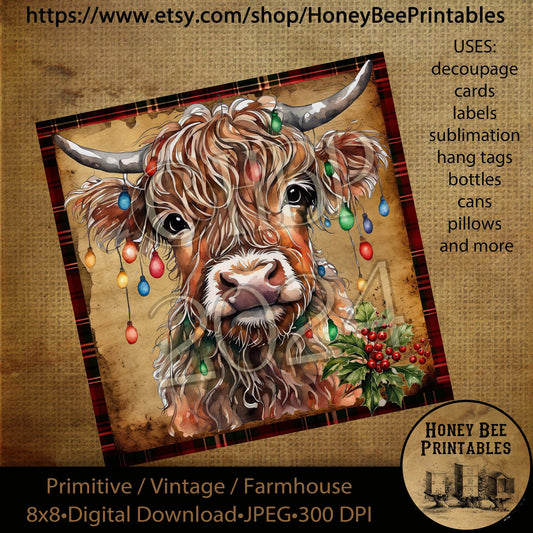 Vintage Primitive Instant Download Printable Decoupage, Vintage Christmas, Highland Cow with Christmas Lights, Highland Cow, Christmas Cow