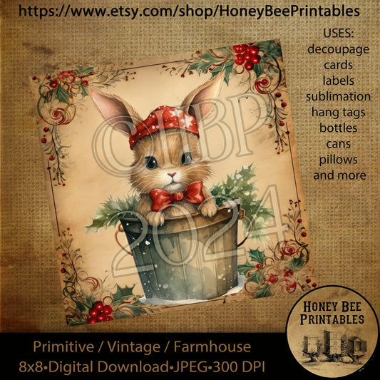 Vintage Primitive Instant Download Printable Decoupage, Christmas Bunnies, Rabbit, Metal Bucket, Holly Berries, Santa Hat, Christmas Rabbit