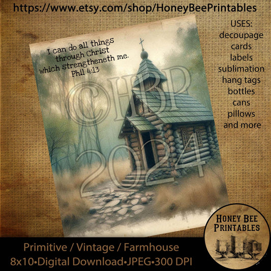 Vintage Digital Download Printable Sublimate Decoupage Primitive, Rustic Church, Chapel, I Can Do All Things Through Christ, Phil 4:13