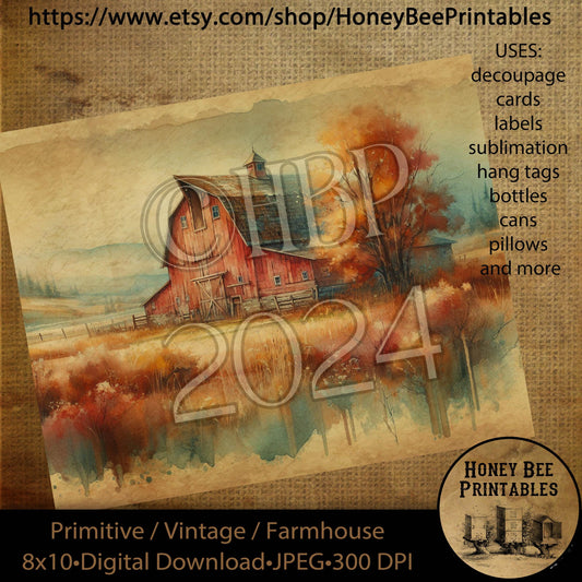 Vintage Digital Download Printable Sublimate Decoupage Primitive, Fall, Autumn, Barn, Old Barn, Harvest, Red Barn, Rustic Barn, Old Red Barn