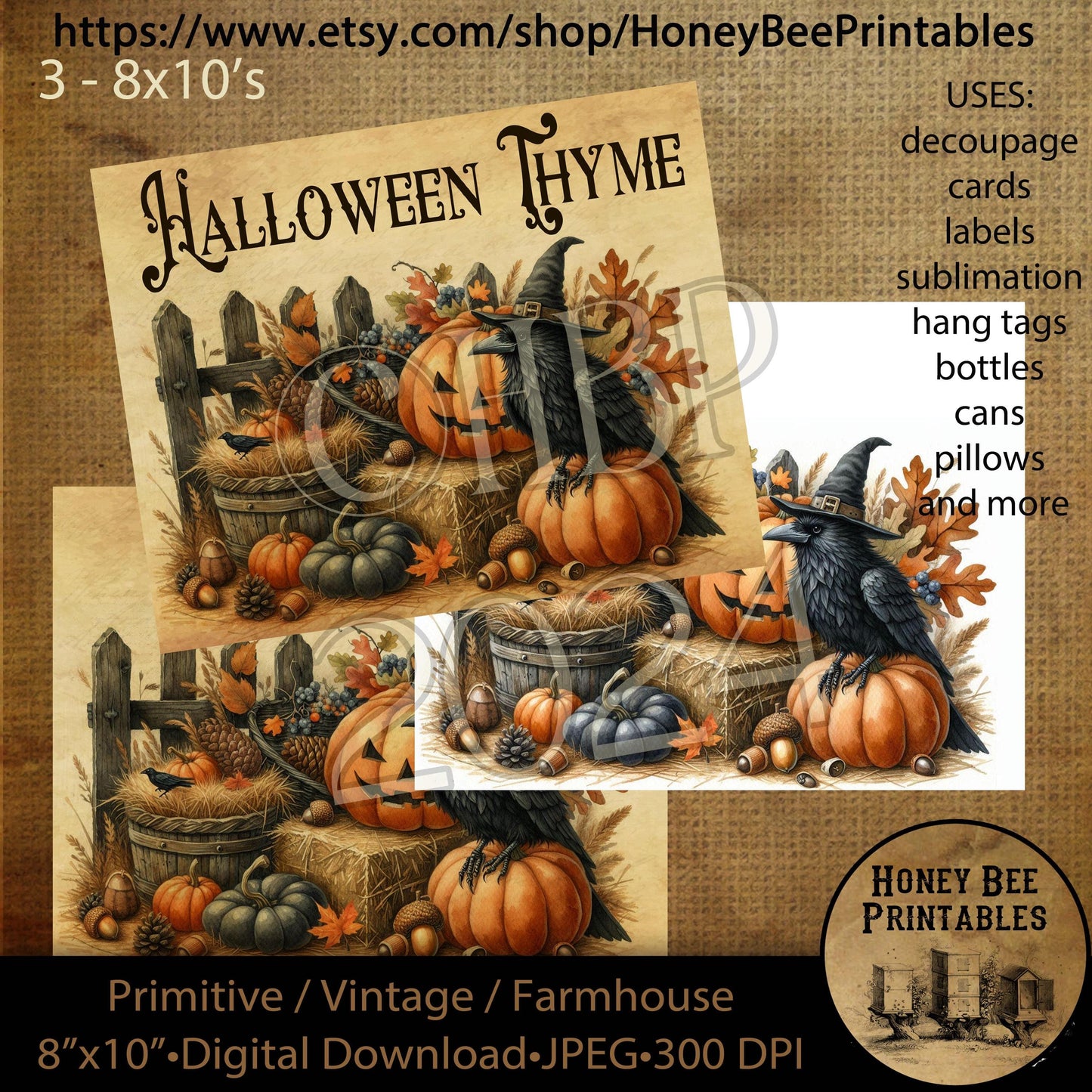 Vintage Digital Download Printable Decoupage Primitive, Fall, Autumn, Halloween Thyme, Jack-O-Lantern, Halloween, Crow, Set/3, 8x10