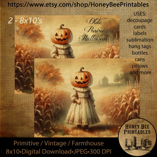 Vintage Digital Download Printable Decoupage Primitive, Fall, Autumn, Old Prairie Halloween, Jack-O-Lantern Girl, Corn Field, Prairie Dress