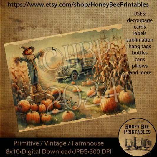 Vintage Digital Download Printable Decoupage Primitive, Fall, Autumn, Pumpkin Patch, Scarecrow, Old Truck, Harvest, Pumpkins, Corn Field