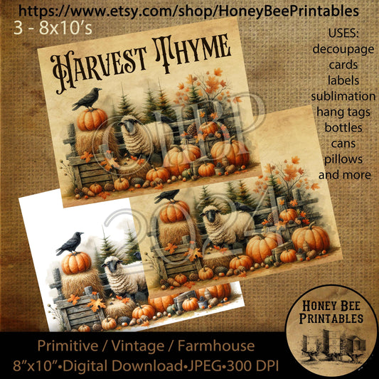 Vintage Digital Download Printable Decoupage Primitive, Fall, Autumn, Halloween Thyme, Sheep, Jack-O-Lantern, Halloween, Crow, Set/3, 8x10