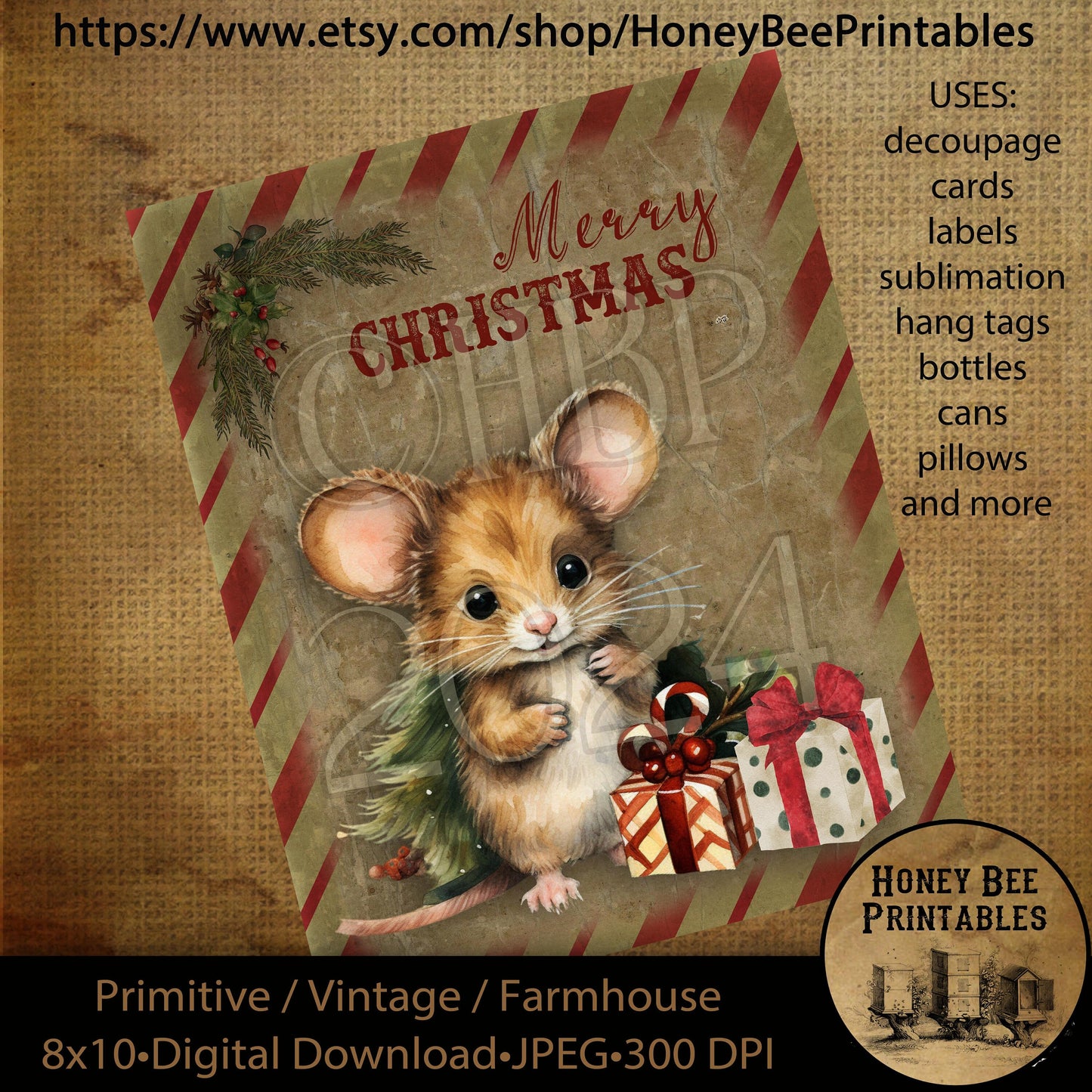 Vintage Primitive Instant Download Printable Decoupage, Vintage Christmas Mouse, Mice, Christmas, Merry Christmas, Cards, Labels, Tags,