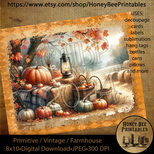 Vintage Digital Download Printable Decoupage Primitive, Fall, Harvest Gatherings, Pumpkins, Hay Bales, Fall Landscape, Lantern