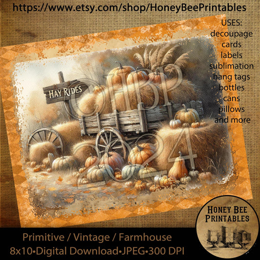 Vintage Digital Download Printable Decoupage Primitive, Fall, Harvest Gatherings, Pumpkins, Fall Landscape, Autumn Landscape, Hay Rides 2