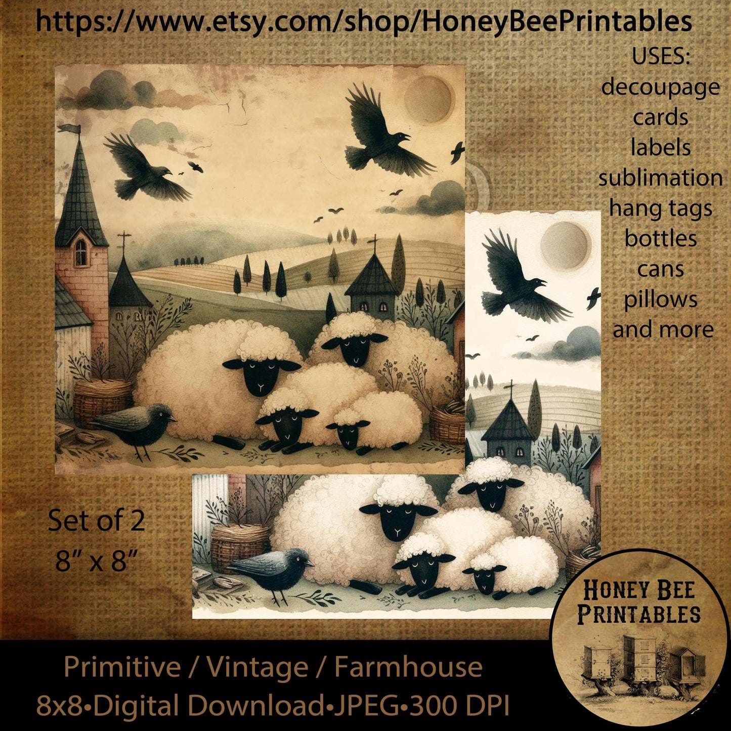 Vintage Digital Download Printable Decoupage Primitive, Good Night, Sheep, Crows,  Night Sheep, Night Crows, 8x8, Set of 2