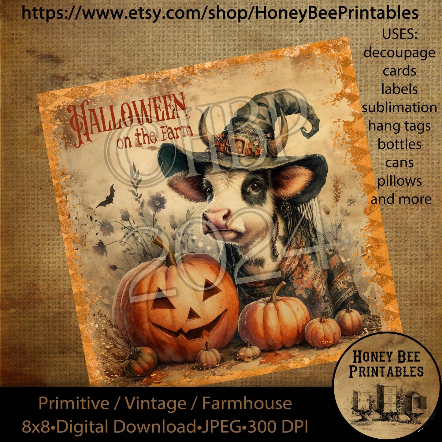 Vintage Digital Download Printable Decoupage Primitive, Halloween on the Farm, Cow, Jack-o-lantern, fall, autumn, pumpkins, harvest