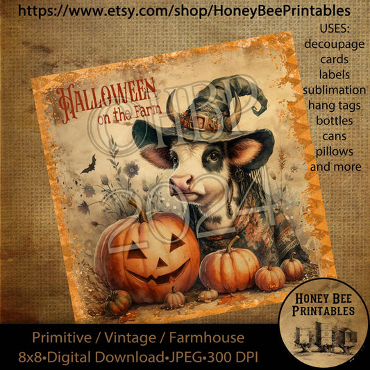 Vintage Digital Download Printable Decoupage Primitive, Halloween on the Farm, Cow, Jack-o-lantern, fall, autumn, pumpkins, harvest