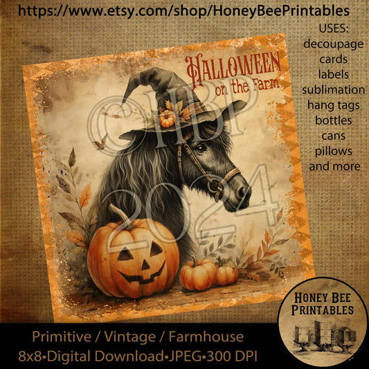 Vintage Digital Download Printable Decoupage Primitive, Halloween on the Farm, Horse, Jack-o-lantern, fall, autumn, pumpkins, harvest
