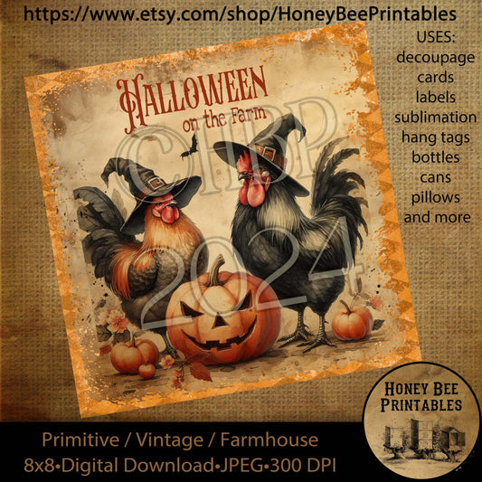 Vintage Digital Download Printable Decoupage Primitive, Halloween on the Farm, Rooster, Chicken, Jack-o-lantern, fall, autumn, pumpkins, 2