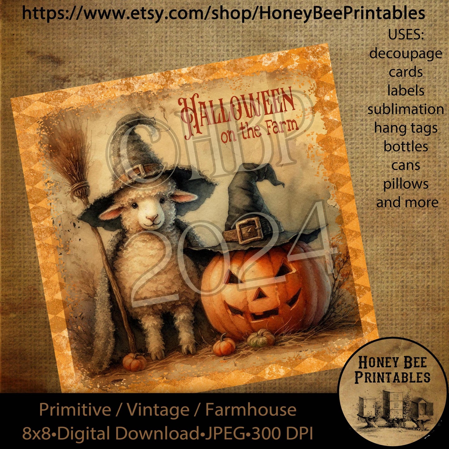 Vintage Digital Download Printable Decoupage Primitive, Halloween on the Farm, Sheep, Lamb, Ewe, Jack-o-lantern, fall, autumn, pumpkins, 2