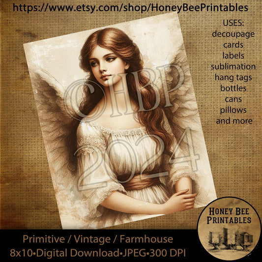 Vintage Primitive Instant Download Printable 8x10 Decoupage, Angel, Heavenly Angel, Arc Angel, Religious, Biblical, Inspirational  01