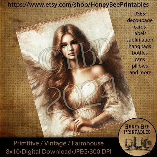 Vintage Primitive Instant Download Printable 8x10 Decoupage, Angel, Heavenly Angel, Arc Angel, Religious, Biblical, Inspirational  02