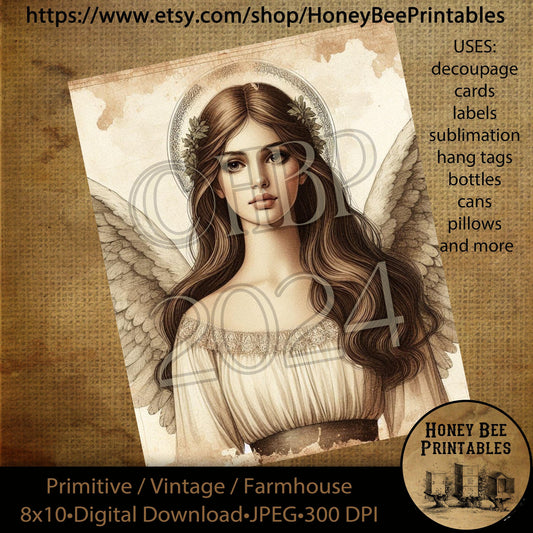 Vintage Primitive Instant Download Printable 8x10 Decoupage, Angel, Heavenly Angel, Arc Angel, Religious, Biblical, Inspirational  03