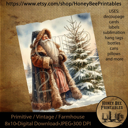Vintage Primitive Instant Download, Printable, 8x10, Decoupage, Cards, Christmas, Santa Claus, Old World Santa, Belsnickel, Tree, Snow, 03