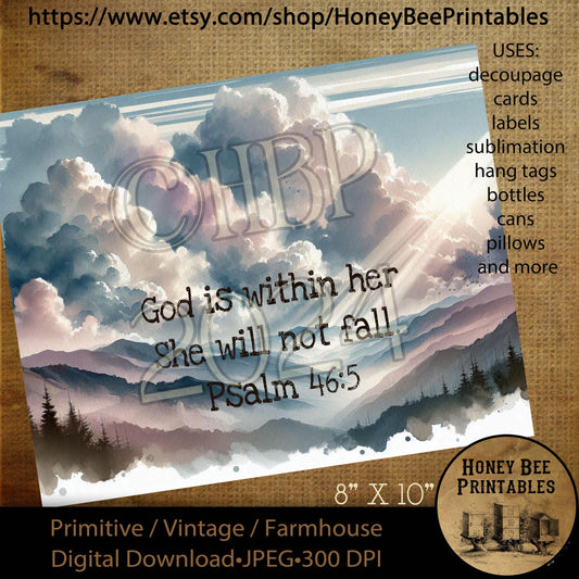 Vintage Digital Download Printable Decoupage Primitive, God Is Within Her, She Will Not Fall, Psalm 46:5, Inspirational, Clouds, Mountains