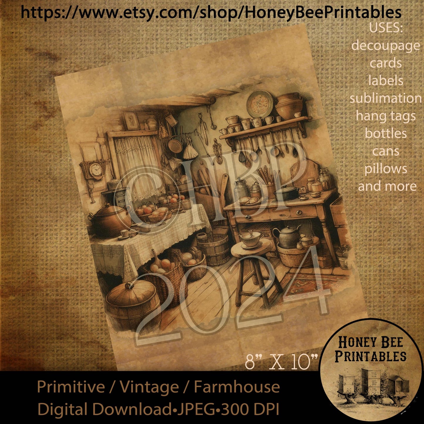 Vintage Digital Download Printable Decoupage Primitive, Primitive Kitchen, Kitchen, Buttery, Old Time Kitchen, 1800s Kitchen, Baskets, Bowls