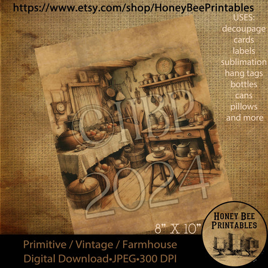 Vintage Digital Download Printable Decoupage Primitive, Primitive Kitchen, Kitchen, Buttery, Old Time Kitchen, 1800s Kitchen, Baskets, Bowls