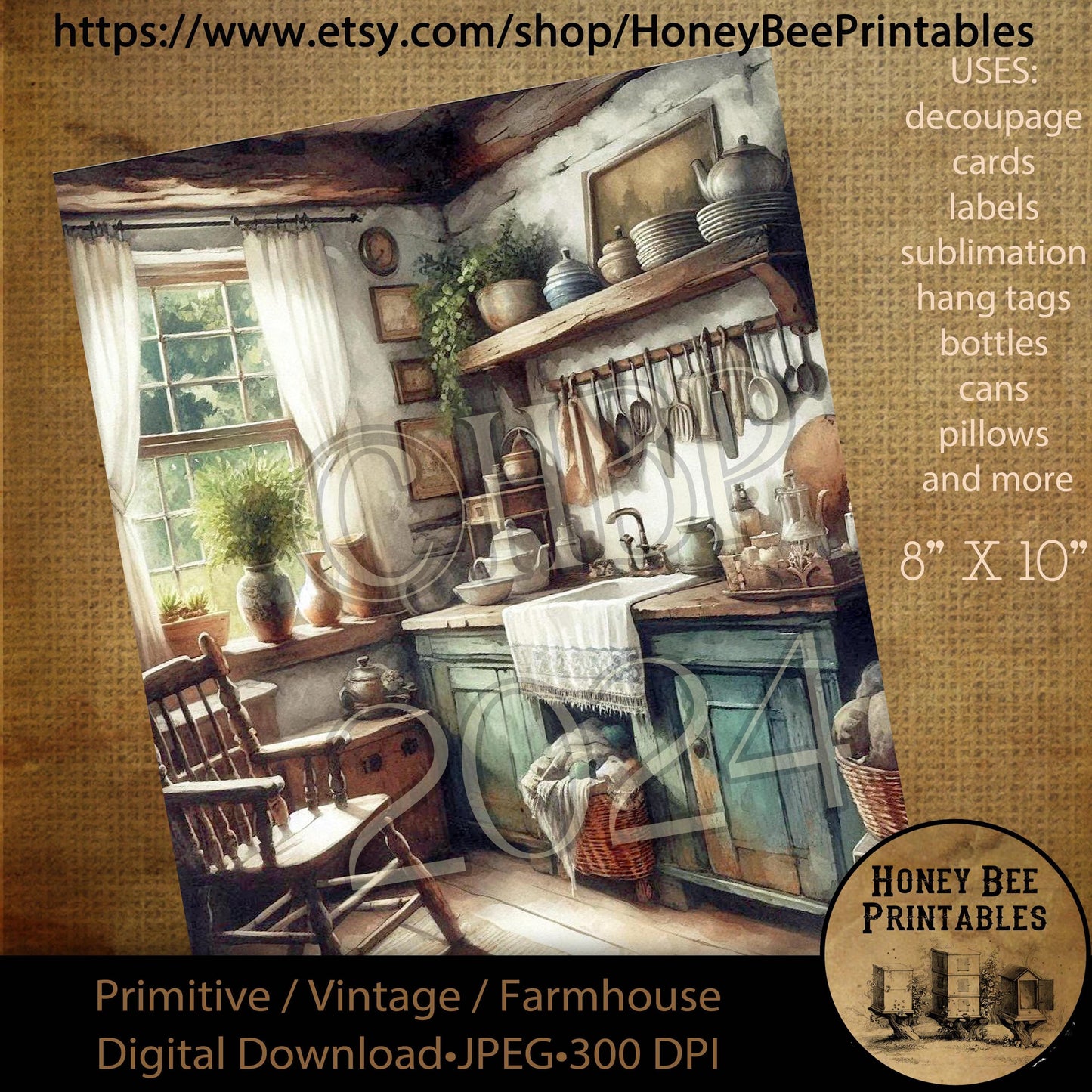 Vintage Digital Download Printable Decoupage Primitive, Primitive Kitchen, Kitchen, Old Time Kitchen, Baskets, Bowls, Farmhouse Kitchen