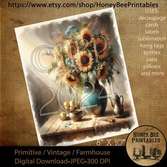 Vintage Digital Download Printable Decoupage Primitive, Blue Vase, Sunflowers, Vase of Sunflowers, Summer, Fall, Old Wood Table, Arrangement