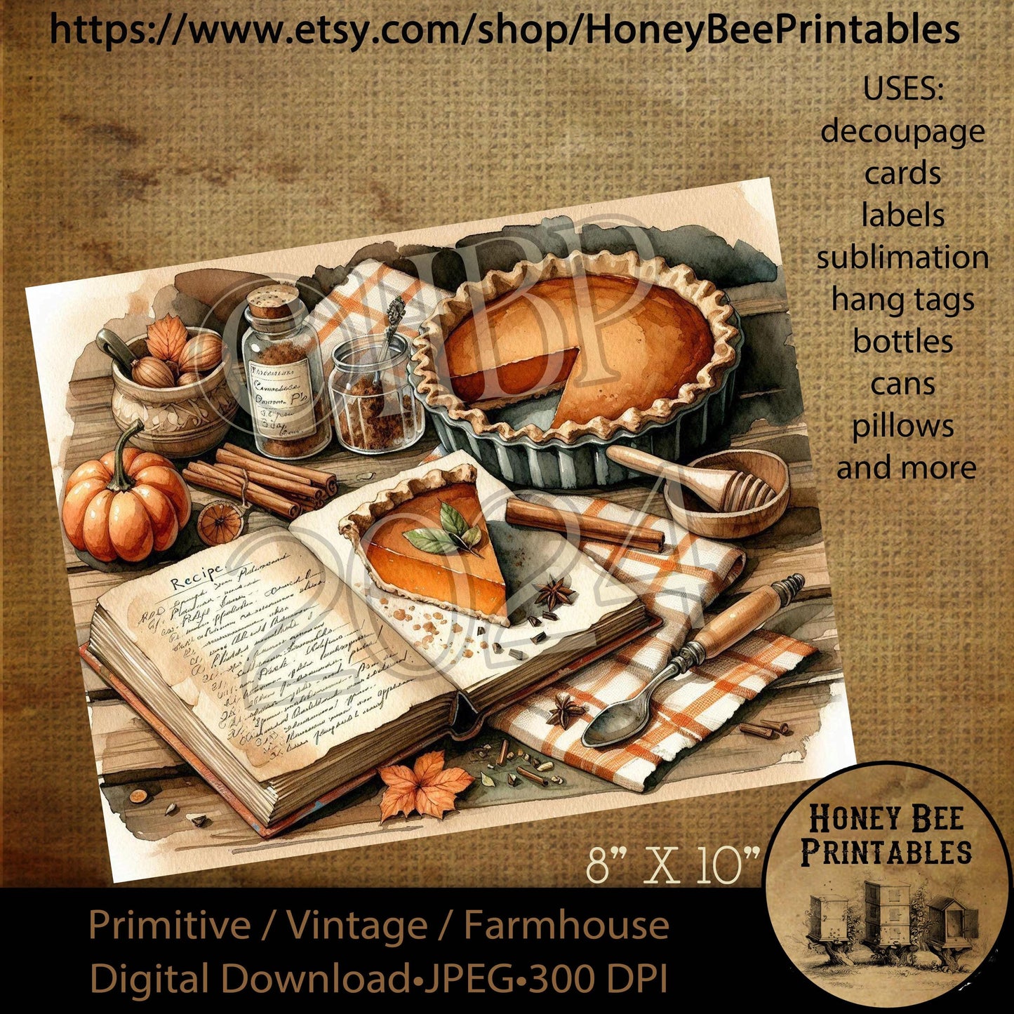 Vintage Digital Download Printable Decoupage Primitive, Primitive Kitchen, Pumpkin Pie, Pie, Pumpkins, Recipe Book, Pumpkin Pie Recipe, 01