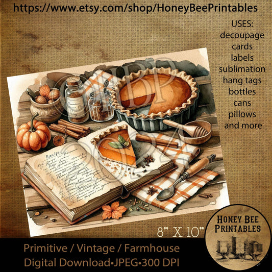 Vintage Digital Download Printable Decoupage Primitive, Primitive Kitchen, Pumpkin Pie, Pie, Pumpkins, Recipe Book, Pumpkin Pie Recipe, 01