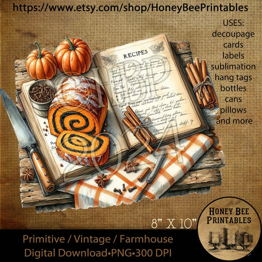 Vintage Digital Download Printable Decoupage Primitive, Primitive Kitchen, Pumpkin Roll, Pumpkins, Recipe Book, Pumpkin Roll Recipe, Kitchen