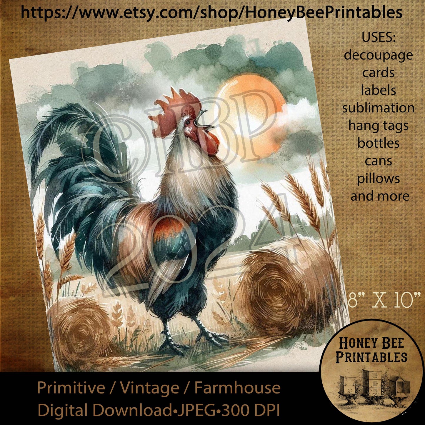 Vintage Digital Download Printable Decoupage Primitive, Rooster, Barn, Hay, Sunrise, Good Morning,  Farm, Crow, Rise & Shine, Sunrise, 01