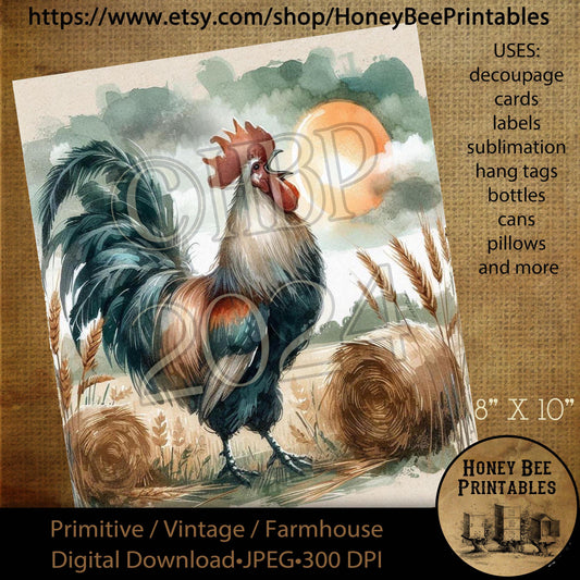 Vintage Digital Download Printable Decoupage Primitive, Rooster, Barn, Hay, Sunrise, Good Morning,  Farm, Crow, Rise & Shine, Sunrise, 01