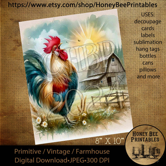 Vintage Digital Download Printable Decoupage Primitive, Rooster, Barn, Hay, Sunrise, Good Morning,  Farm, Crow, Rise & Shine, Sunrise, 03