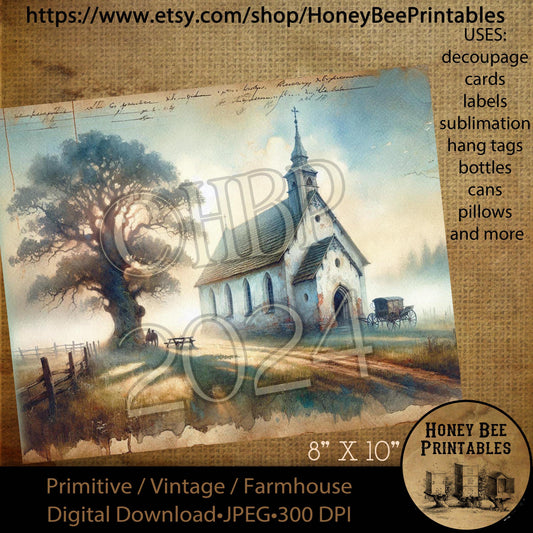Vintage Digital Download Printable Decoupage Primitive, Old Grungy Chapel, Church, Old White Chapel, Buggy, Old Tree, Inspirational, Chapel