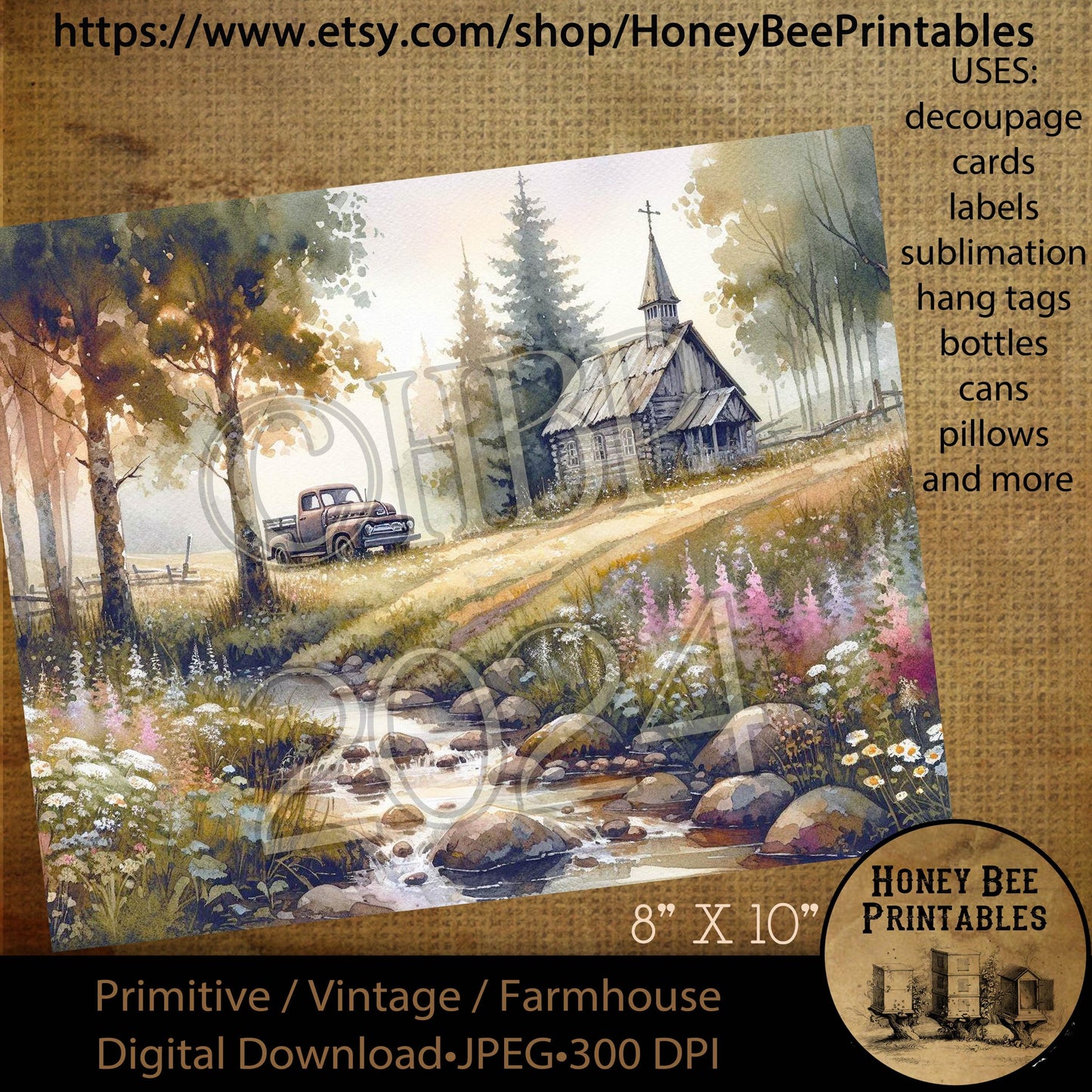 Vintage Digital Download Printable Decoupage Primitive, Old Grungy Chapel, Church, Old White Chapel, Old Truck, Stream Wildflowers 1