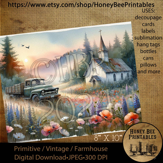 Vintage Digital Download Printable Decoupage Primitive, Old Grungy Chapel, Church, Old White Chapel, Old Truck, Wildflowers, Sunrise