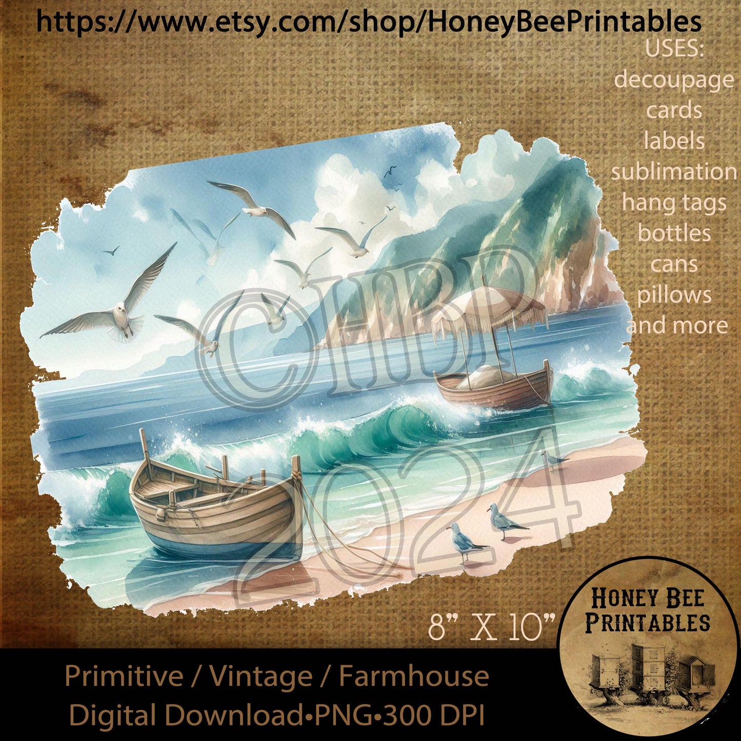 Vintage Digital Download Printable Decoupage Primitive, Coastal, Beach, Boats, Seagulls, Ocean, Waves, Tropical, Sand, Coastal Scene, PNG, 1