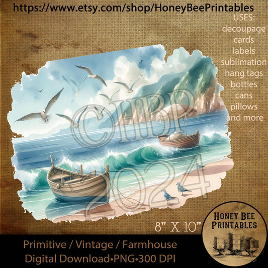 Vintage Digital Download Printable Decoupage Primitive, Coastal, Beach, Boats, Seagulls, Ocean, Waves, Tropical, Sand, Coastal Scene, PNG, 1