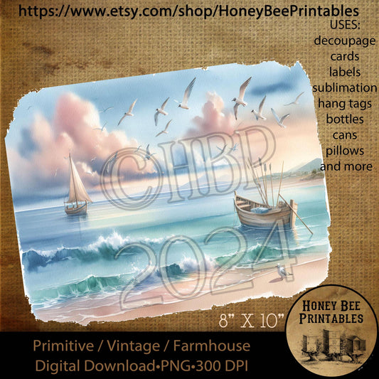 Vintage Digital Download Printable Decoupage, Coastal, Beach, Sail Boats, Seagulls, Ocean, Waves, Tropical, Sand, Coastal Scene, PNG, 2
