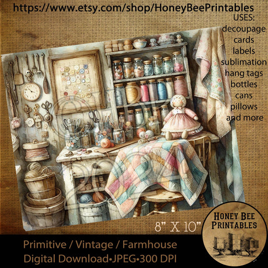 Digital Download, Printable, Decoupage, Vintage, Primitive, Craft Room, Sewing Room, Quilting, Crafter, Sewing, Arts & Crafts, JPEG 8x10, 1