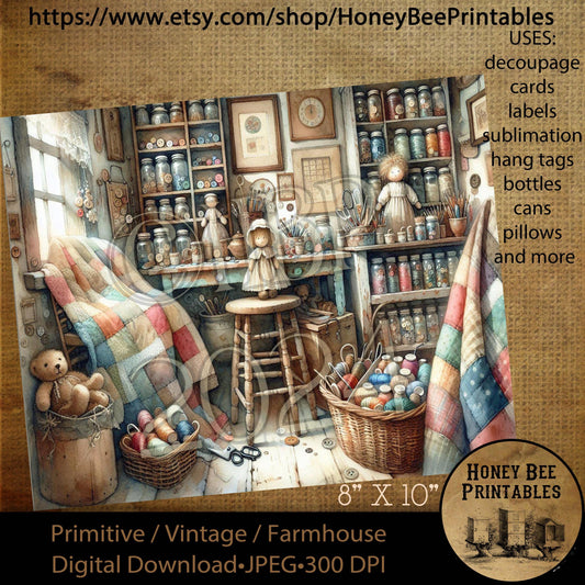 Digital Download, Printable, Decoupage, Vintage, Primitive, Craft Room, Sewing Room, Quilting, Crafter, Sewing, Arts & Crafts, JPEG 8x10, 2