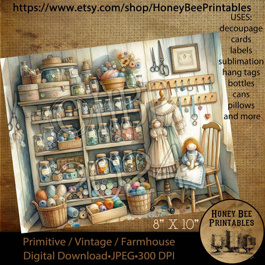 Digital Download, Printable, Decoupage, Vintage, Primitive, Craft Room, Sewing Room, Quilting, Crafter, Sewing, Arts & Crafts, JPEG 8x10, 3
