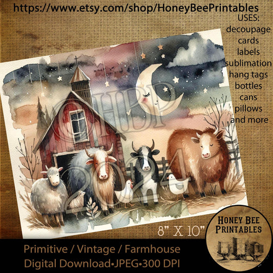 Digital Download, Printable, Decoupage, Vintage, Primitive, JPEG 8x10, Primitive, Country Barn Animals, Good Night, Barn, Cows, Chickens