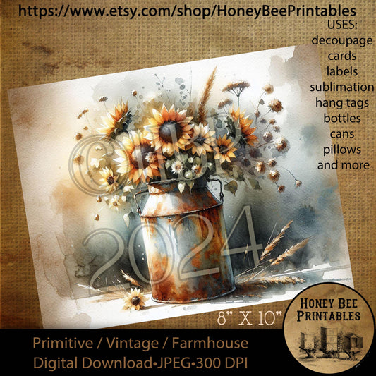Digital Download, Printable, Decoupage, Vintage, Primitive, 8x10, Old Rusty Milk Can, Fall Florals, Sunflowers, Rustic, Rusty, Milk Can
