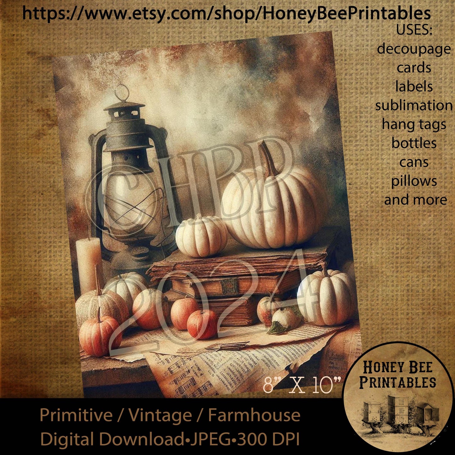 Digital Download, Printable, Decoupage, Vintage, Primitive, 8x10, Pumpkins, Books, Lantern, Fall, Autumn, Candle, Still Life, Painting