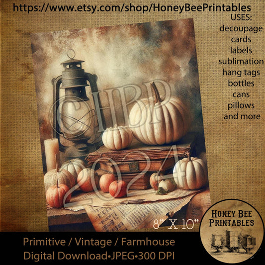 Digital Download, Printable, Decoupage, Vintage, Primitive, 8x10, Pumpkins, Books, Lantern, Fall, Autumn, Candle, Still Life, Painting