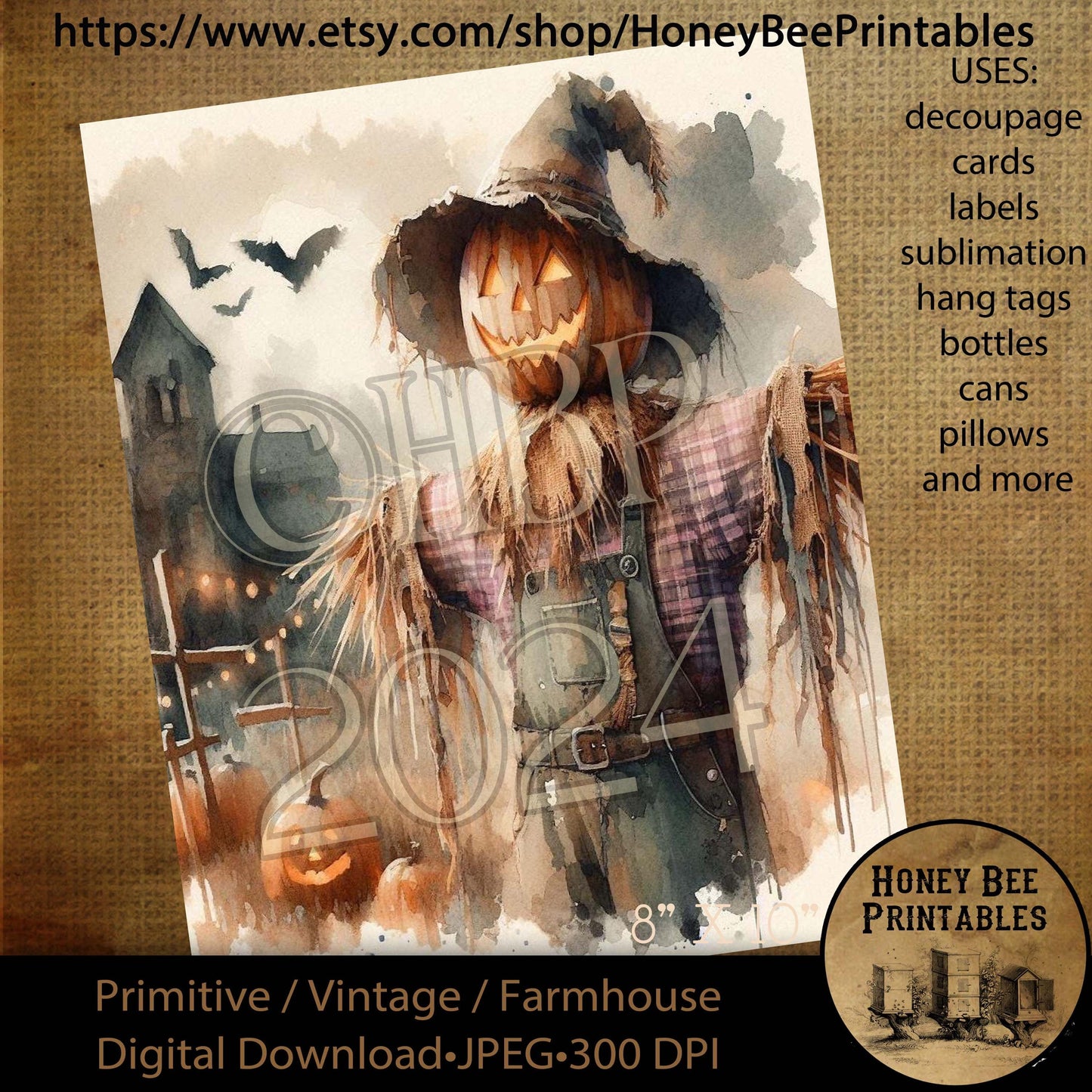 Digital Download, Printable, Decoupage, Vintage, Primitive, 8x10, Pumpkins, Scarecrow, Grungy, Bats, Haunted House, Halloween, JackOLantern
