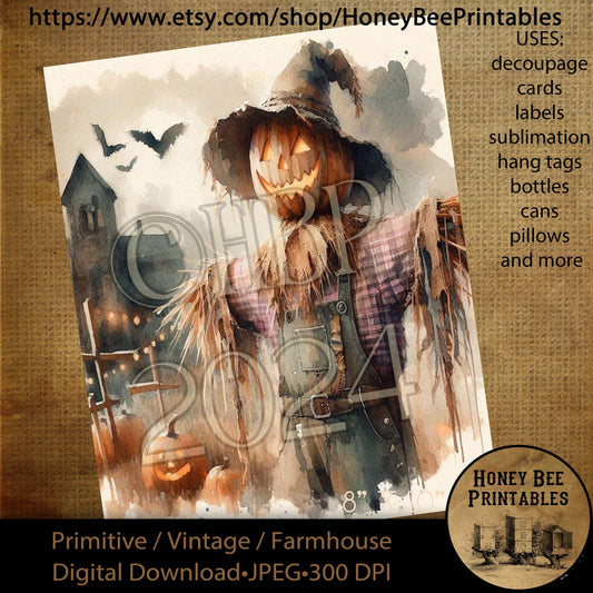 Digital Download, Printable, Decoupage, Vintage, Primitive, 8x10, Pumpkins, Scarecrow, Grungy, Bats, Haunted House, Halloween, JackOLantern